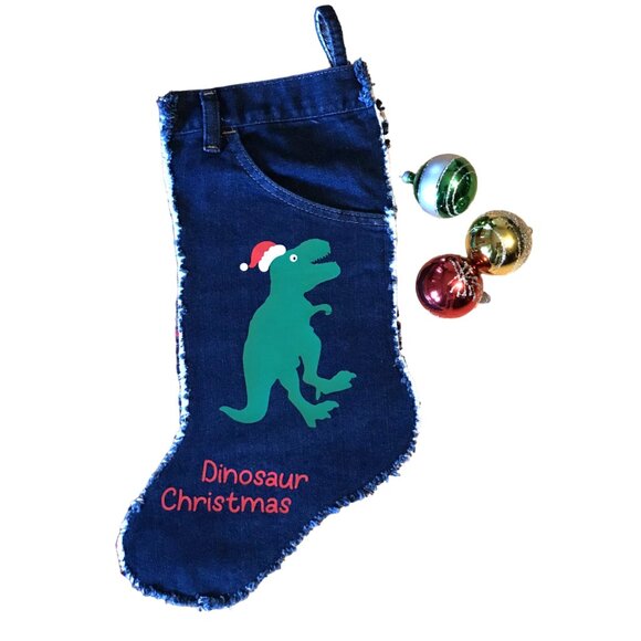 Handmade Denim Christmas Stocking w/Jean Pocket: T Rex Dinosaur Graphic, S-M - Picture 1 of 8